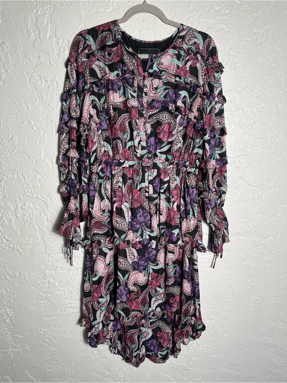 BCBGMAXAZRIA Women's Paisley Floral Ruffle Mini Dress‎ Long Sleeve Size M